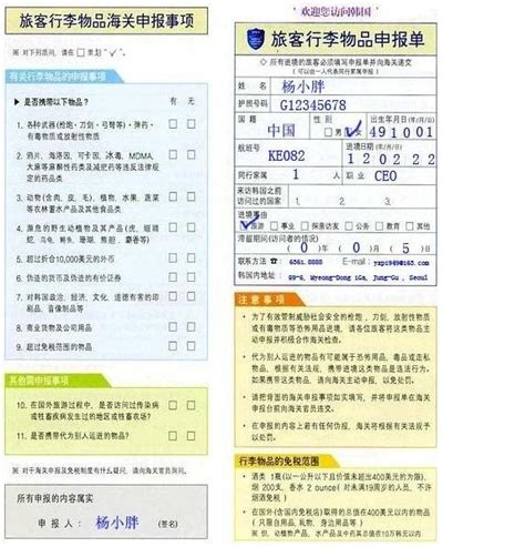 韩国出入境卡填写样本 韩国海关申报单中文 韩国出入境注意事项_旅泊网