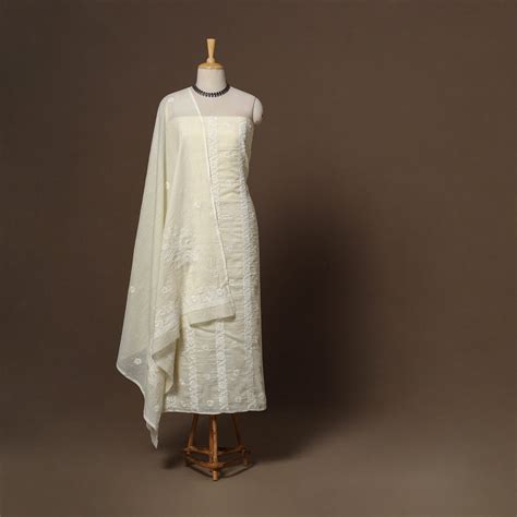 Beige Lucknowi Chikankari Hand Embroidered Kota Doria Cotton 2pc ...
