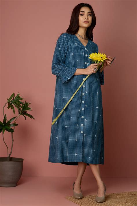 v-neck gather dress - Sapphire Skyline & Miniature Grid - maati crafts