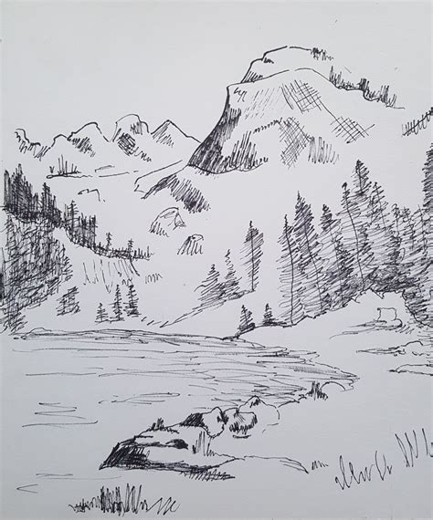 Mountain Lake Pencil Drawing