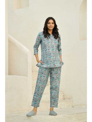 Buy SAY Turquoise Blue Color Printed Women Pure Cotton Top & Pyjama ...