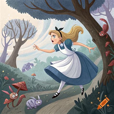 Illustration of Alice in Wonderland running through a forest with ...