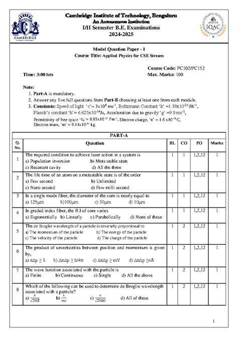 Physics MQP 1 - Model Question Paper for CSE (Applied Physics) - Studocu