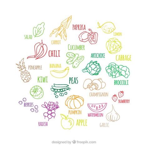 Barwne szkice zestaw owoców i warzyw | Darmowy wektor