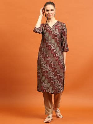 Buy Shree Women Rayon Maroon Abstract Printed Kurta Online