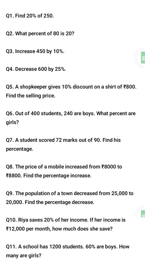 Q1. Find 20% of 250. Q2. What percent of 80 is 20? Q3. Increase 450 by