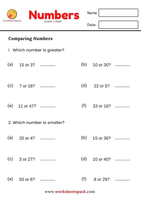 Image result for Comparing Numbers Worksheet First Grade Free Printable