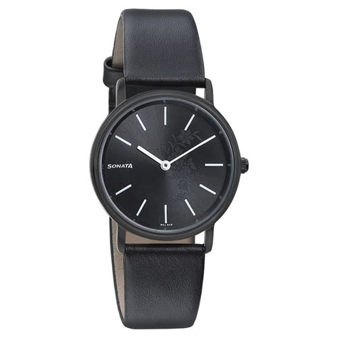 Buy Online Sonata Silver Lining Black Dial Women Watch With Leather ...