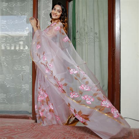 Shop Now Designer Saree Moon Mist Berry Handpainted Organza Saree at Aagza.