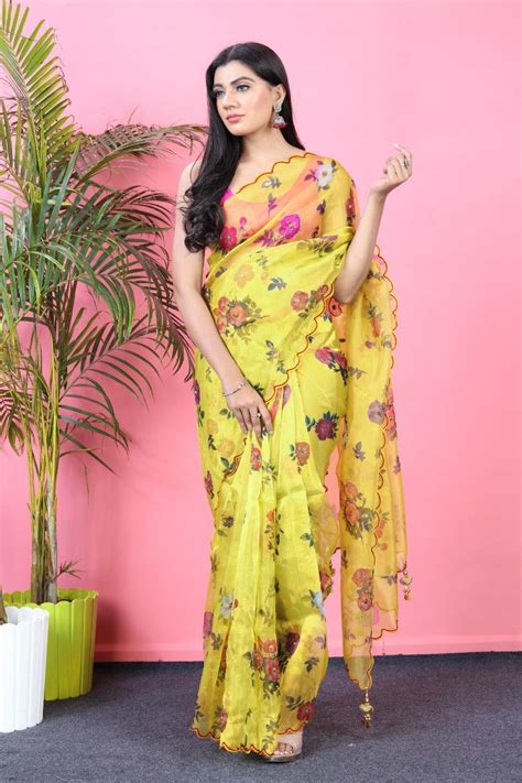 Orgenza || Mk Hit Lemon Color Pure Organza Silk Saree With Cutwork ...