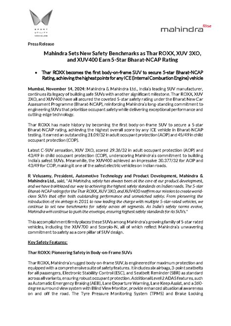 Press-Release Mahindra-Sets-New-Safety-Benchmarks - Press Release ...