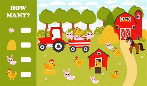 Counting game for kids with farm animals, barn and garden in cartoon ...