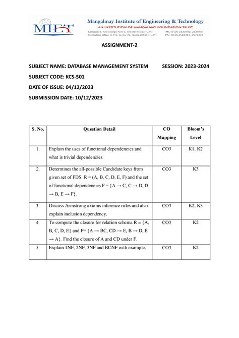 DBMS Assign 3 - best notes - ASSIGNMENT- 2 SUBJECT NAME: DATABASE ...