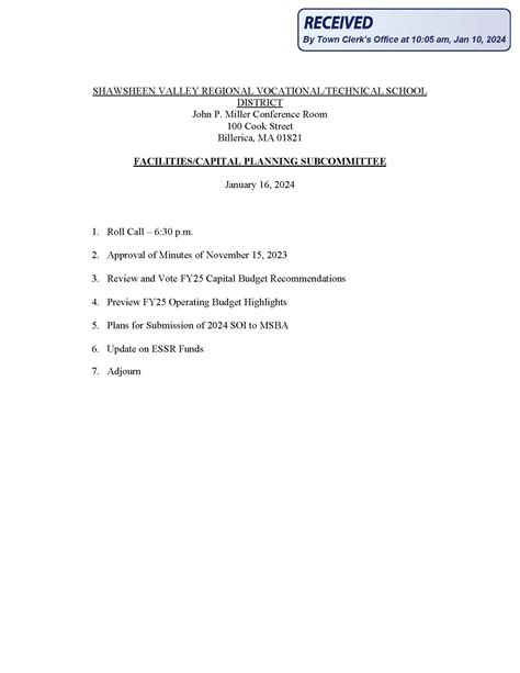 Calendar • Shawsheen Facilities/Capital Planning Subcommitte
