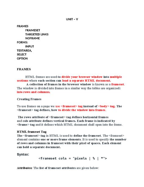 UNIT V - HTML Frames, Forms, and Target Attributes - Studocu