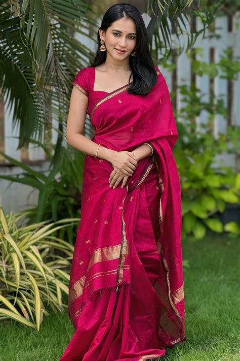 Dulcet Dark Pink Cotton Silk Saree With Scrupulous Blouse Piece – SilkFolks