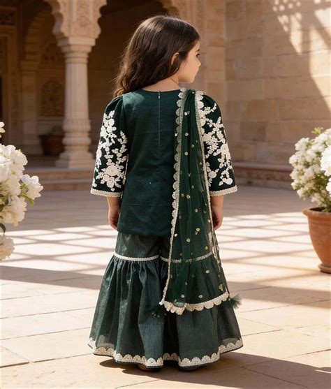 Green Embroidered Kurti Sharara set – FayonKids