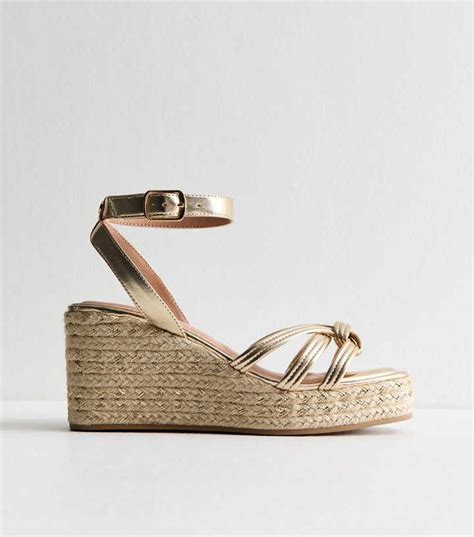 Wide Fit Gold Faux Leather Knot Wedge Sandals | New Look
