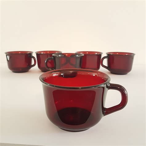 Vintage Ruby Red Arcoroc France Glass Mug Set of 6, Red Coffee Cups ...