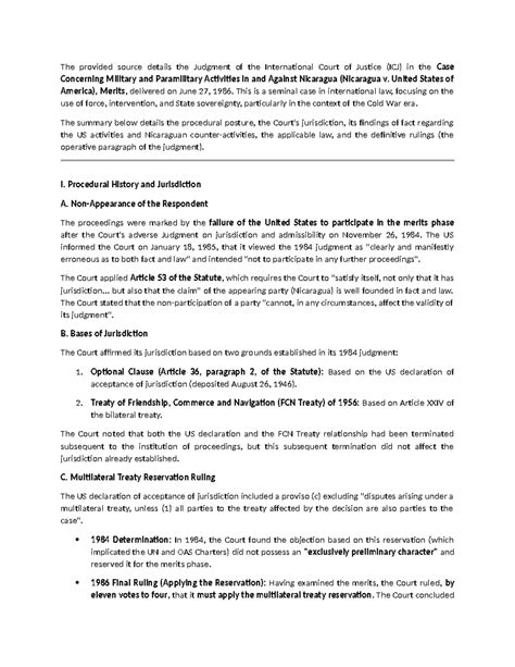 ICJ Judgment Summary: Nicaragua v. USA (1986) - Case Analysis - Studocu