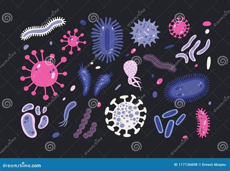 Bundle of Infectious Microorganisms Isolated on Black Background. Set of Harmful Microscopic ...