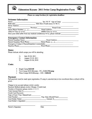 Fillable Online Edmonton Keyano 2011 Swim Camp Registration Form ...