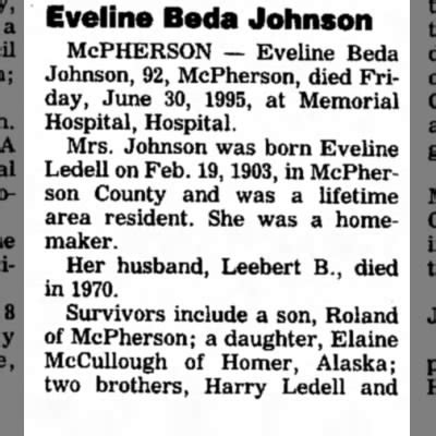 Johnson, Evelina Beda Obituary Salina Journal, 2 Jul 1995 (Aged 92 ...