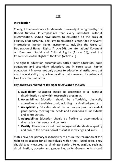 RTE - Comprehensive Overview of the Right to Education in India - Studocu