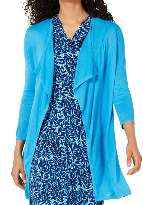 Buy Kasper Women's 3/4 Sleeve Long Cardigan with Side Slits, Ocean, S ...