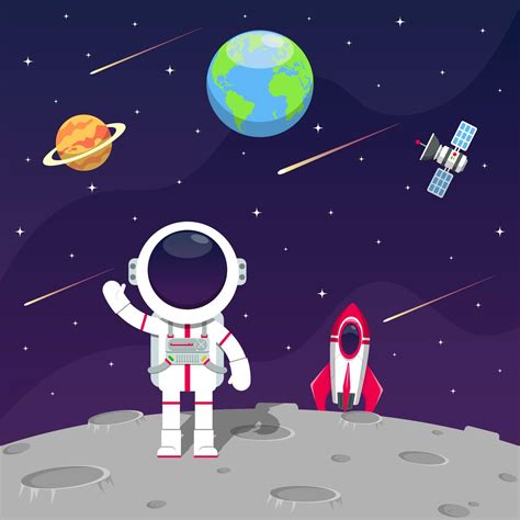 Vector Illustration of The astronaut landed on the moon with his rocket ...