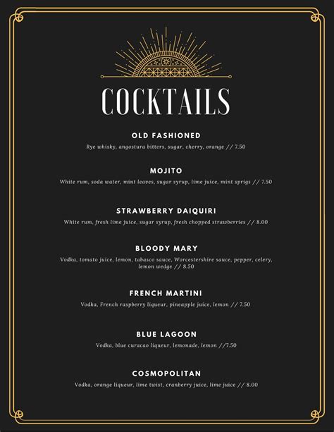 Image result for Cocktail Menu Template