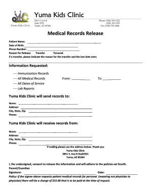 Fillable Online Medical Records Release - Yuma Kids Clinic Fax Email ...