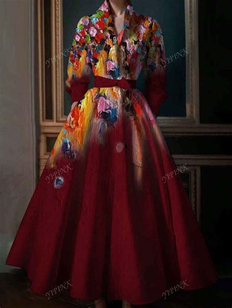 Elegant Floral Painting Print Long Sleeve Dress | SHEIN USA