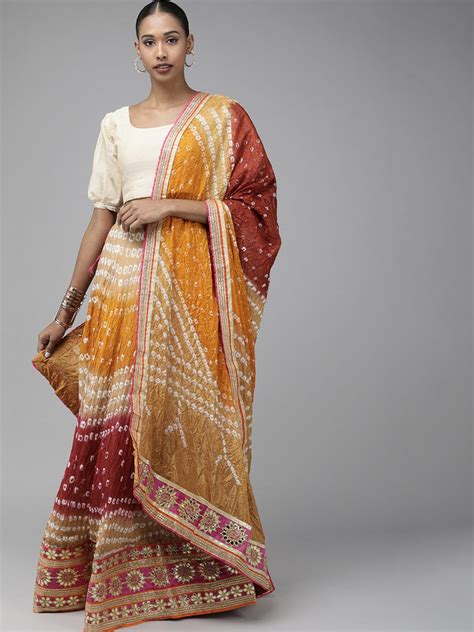 Multicoloured Hand Bandhani Silk Ready Lehenga, Unstitched Blouse & Du ...