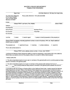 Fillable Online ci manteca ca Trespass Arrest Authorization - City of ...