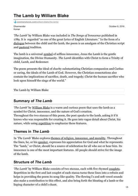 Summary Of The Lamb By William Blake at Glen Williams blog