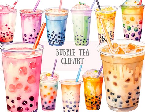 Watercolour Bubble Tea Clipart Kawaii Boba Tea Milk Tea PNG Digital ...