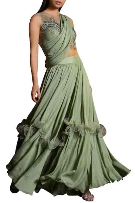 Buy Green Viscose Georgette Cutdana Ruffle Palazzos With Crop Top And ...