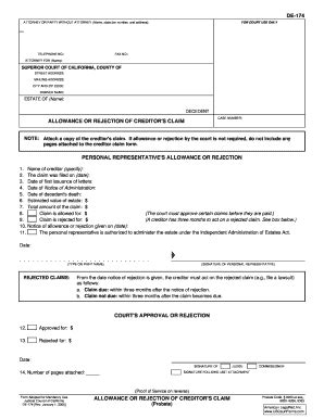 Fillable Online California Allowance Or Rejection Of Creditors ...