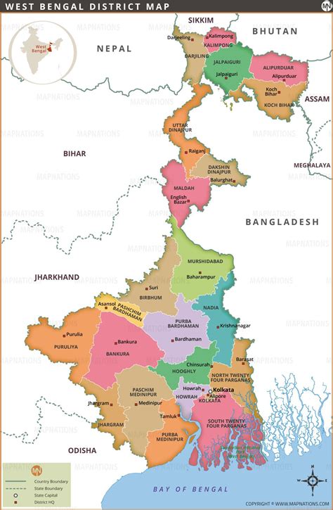 West Bengal District Map, District Map of West Bengal - Map shows Districts with district ...