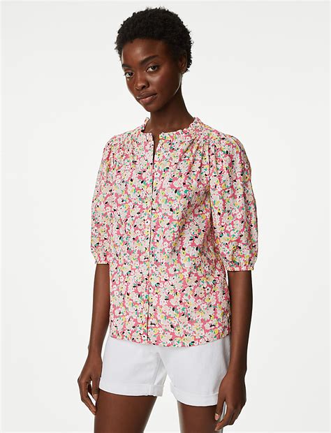 Buy Pure Cotton Floral Puff Sleeve Blouse at Marks & Spencer