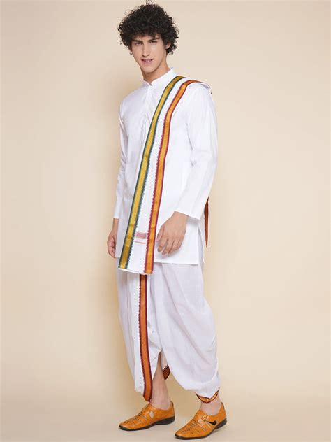 Men Cotton White Colour Kurta and Dhoti Pant with Angavastram Set ...