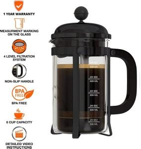 Evrum Classic French Press 4-Level Filtration I Borosilicate Glass 3 ...