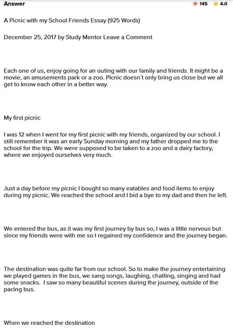 Homework : Essay: You went on a picnic with your school friends on the ...