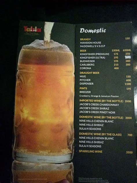 Menu at Tabla Restaurant, Hyderabad, Plot No 18