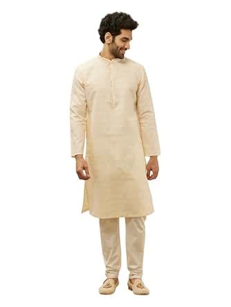 Buy Manyavar Men's Cream Blended Cotton Checks Kurta Pyjama Set at ...
