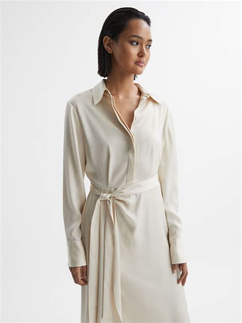 Satin Shirt-Style Midi Dress in Cream - REISS