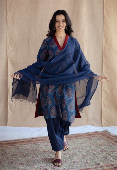 Indian Ethnic Women's Saina Dark Indigo Ajrakh Cotton Straight Kurta ...
