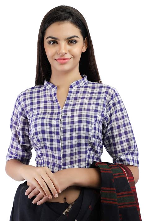 Buy Women's Cotton Handloom Gamcha Checks Band Collar Blouse with Hook ...