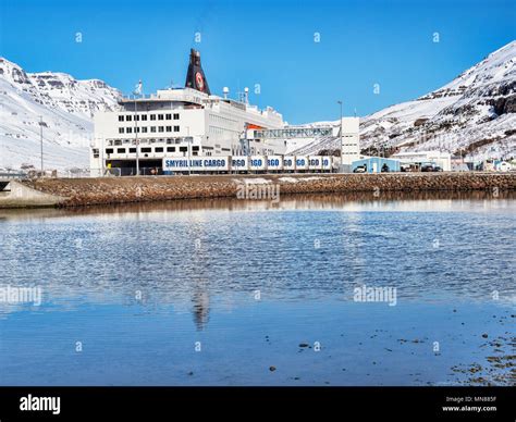 11 April 2018: Seydisfjordur, East Iceland - Smyril Line ferry MS ...